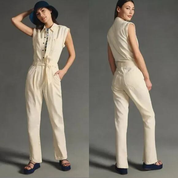 Anthropologie Rag & Bone Anna Jumpsuit Large White Denim Utility Coveralls Indie - Picture 1 of 16